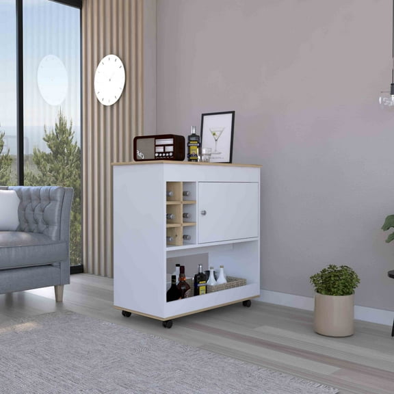 Camelia Bar Cart,Lower Panel,Six Bottle Cubbies,One Cabinet-Light Oak,White,Multicolor Particle Board Furniture Dining Kitchen Islands Carts