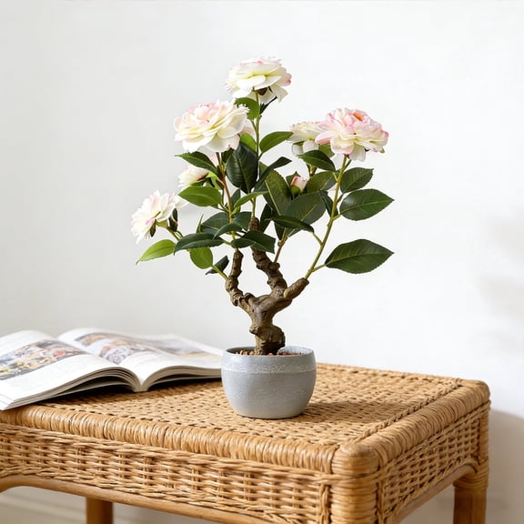 Camellia Artificial Tree Faux Light Pink Flower Plant Faux Plastic Leaves Plant with Plastic Planter for Home Office Living Room Bedroom Indoor Tabletop Desk