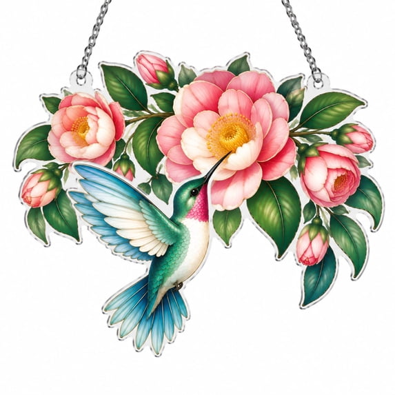 Weave Spring Camellia Bloom Acrylic Hummingbird Suncatcher for Bedroom Spring Decor ...