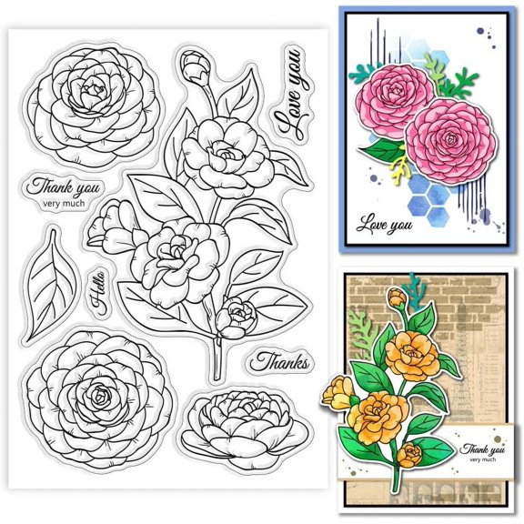 Camellia Clear Stamps Flowers Silicone Clear Stamp Plants and Leaves Transparent Stamps for DIY Scrapbooking and Cards Making Photo Album Journal 6.3x4.33inch Clear