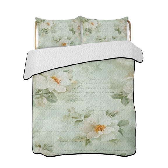 Camellia Flower 3 Piece Quilt Bedding Set with 2 Pillow Shams, White Floral Mint Green Boho Vintage Lightweight Bedspread Coverlet, Soft Breathable All Season Quilt, 79 x 90 Inch