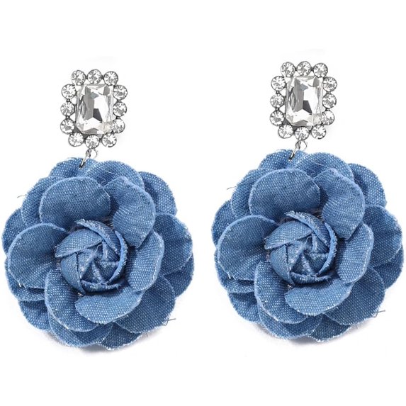 Camellia Flower Dangle Earrings for Women Cowboy Statement Big Exaggerated Fabric Hoop Huggie Blue Floral Studs Gold Plated Long Drop Dangling Earring Fashion Jewelry Gifts