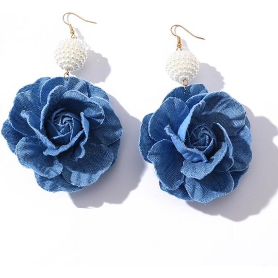 Camellia Flower Dangle Earrings for Women Cowboy Statement Big Exaggerated Fabric Hoop Huggie Blue Floral Studs Gold Plated Long Drop Dangling Earring Fashion Jewelry Gifts