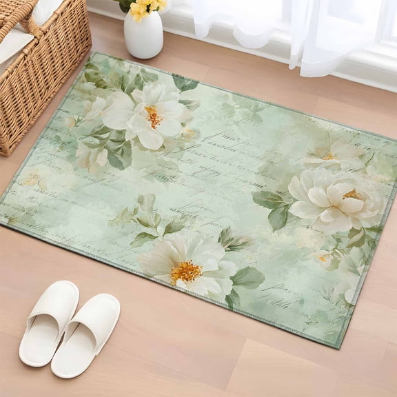 Camellia Flower Entryway Rug 2'x3' White Floral Mint Green Boho Vintage Small Area Rug Non-Slip Front Door Mat Washable Floor Carpet for Indoor Entrance Kitchen Bathroom
