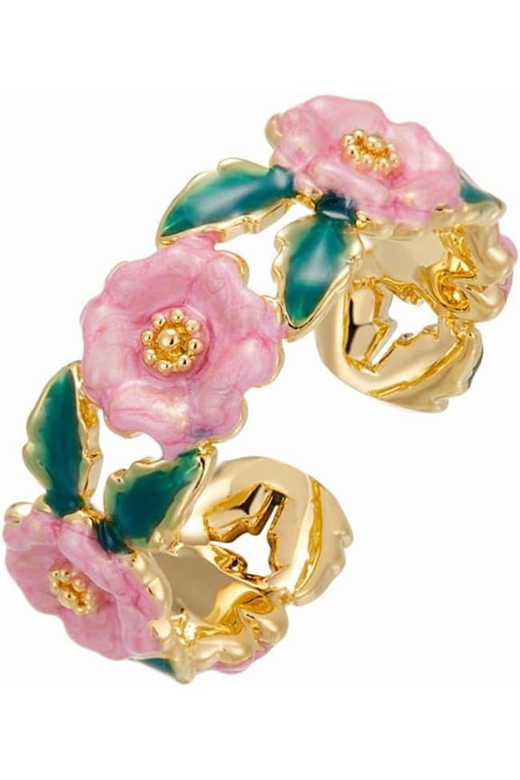Camellia Flower Open Statement Ring for Women Green Leaf Pink Enamel Daisy Stacking Rings Little Flower Promise Engagement Rings Fashion Jewelry