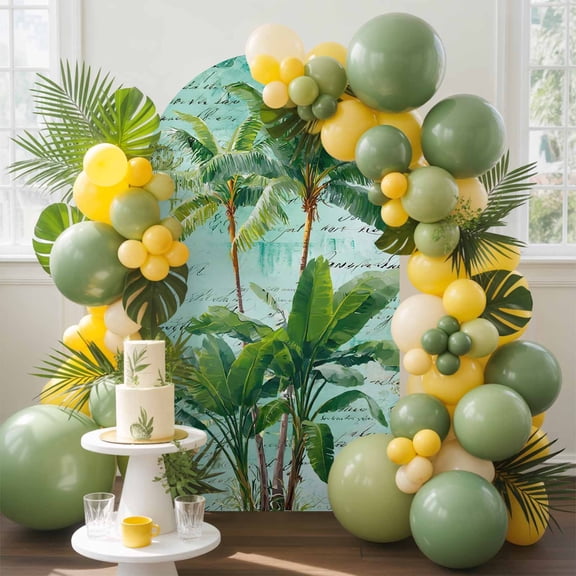 Camellia Flower Palm Tree Arch Backdrop Cover, 4FT, White Floral Mint Green Boho Spandex Arch Covers Double-Sided Backdrop for Wedding Birthday Party Photo Background Decoration