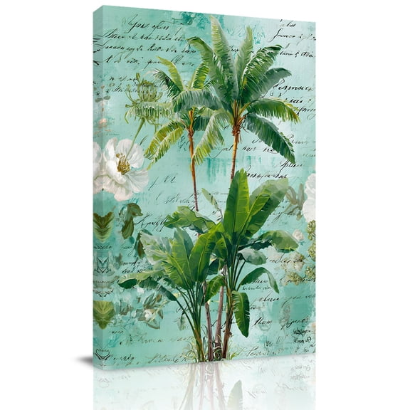 Camellia Flower Palm Tree Canvas Wall Art for Living Room, White Floral Mint Green Boho Poster Print Painting for Bedroom Office Home Decoration Wall Pictures Prepare To Hang 8"x12"