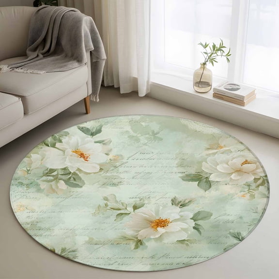 Camellia Flower Round Rug 4Ft White Floral Mint Green Boho Vintage Circle Area Rugs Washable Non Slip Indoor Floor Mats Carpet for Living Room Bedroom Dining Room Home Decor