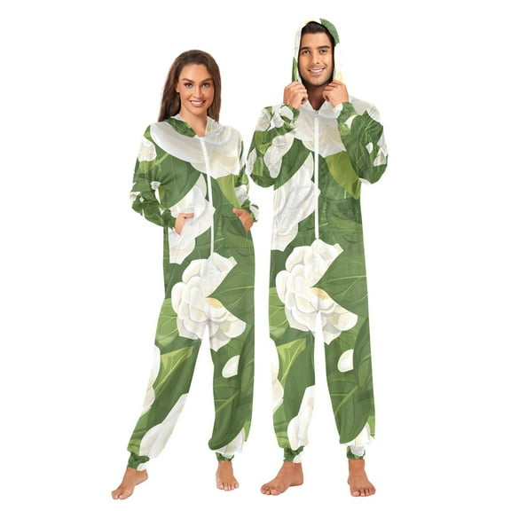 Camellia Flowers Adult Onesie Pajamas Slim Fit Christmas One Piece Suit Pjs for Women and Men Hooded Zipper