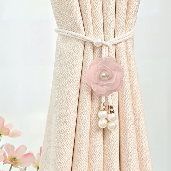 Camellia Pearl Braided Curtain Tiebacks Adjustable Polyester Curtain Binding Cord, Elegant Window Treatment Accessory for Sheer Blackout Curtain Indoor Home Window Ornament Decor