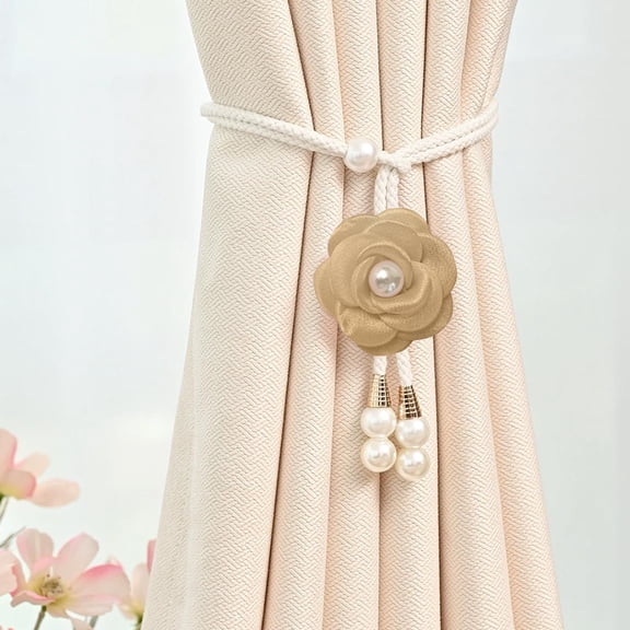 Camellia & Pearl Curtain Tiebacks | Adjustable Braided Rope Cord for Sheer to Blackout Curtains | Decorative Window Accessory in Pink, Khaki, Beige, Wine