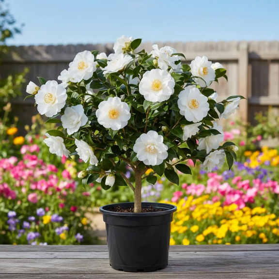 Camellia Plant Live in 4'' Pot, 10-14'' Tall, White Camellia Flower Plant, Live Camellia Flower for Home and Office Decoration