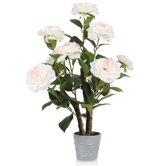 Small Artificial Camellia Tree Decor 20.5'' Tall Faux Floral Plant Tree Potted Plant Desk Display with Bonsai Pot Decorative Camellia Plant with Realistic Wood for Home Office Countertop Decor