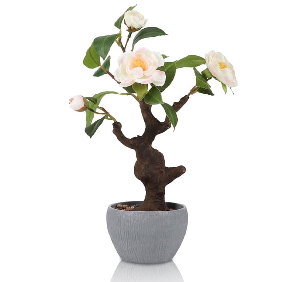 Small Artificial Camellia Bonsai Tree Decor 15" Tall Faux Blooming Camellia Floral Tree Potted Plant Desk Display with Bonsai Pot