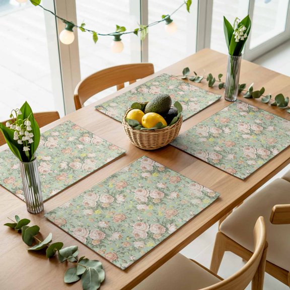 Camellia Vintage Flower Green Leaves Placemats Set of 4,Wipeable Washable Table Mats for Dining Tables, Medieval Country Floral Place Mats for Kitchen Event Party Tabletop Decor