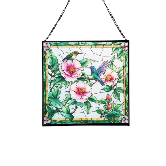 Camellia and Hummingbirds Stained Glass Panels Window Hangings Tiffany Glass Traditional Art Crafts for Home Decor Gifts Square design, 8in 67OR15