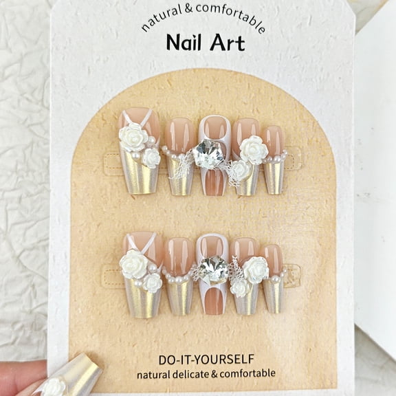 Camellia pearl diamond-encrusted nail patch, Symphony French phototherapy manicure 10 pieces, sub-size hand-worn nail piece
