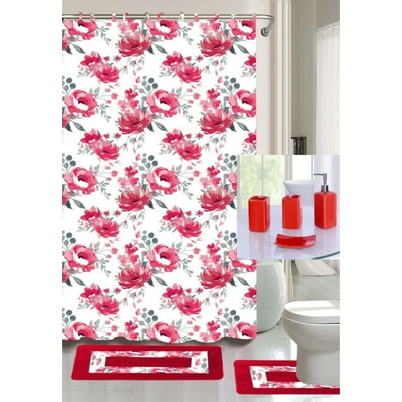 Camellia red Bathroom rug, mat non slip soft shaggy with shower curtain 12 hook and 4 pc matching ceramic accessories toothbrush holder, toothpaste holder, soap pump and soap dish