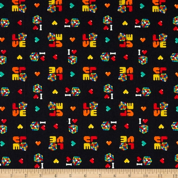 Camelot Fabrics I Love Rubik's Collection I Love Rubik's Black 100% Cotton Fabric sold by the yard