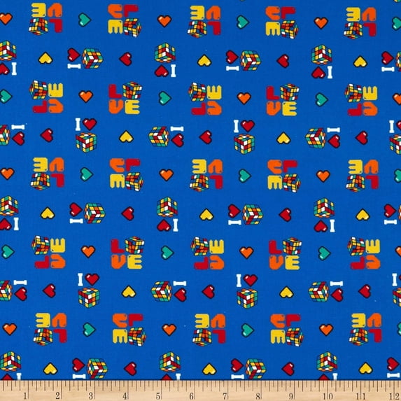 Camelot Fabrics I Love Rubik's Cube Collection Blue 100% Cotton Fabric sold by the yard