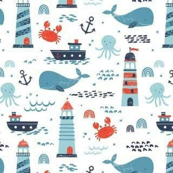 Camelot Fabrics Nautical Collection Beyond The Sea White 100% Cotton Fabric sold by the yard