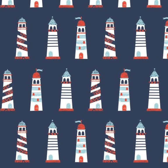 Camelot Fabrics Nautical Collection Lighthouses Navy Blue 100% Cotton Fabric sold by the yard