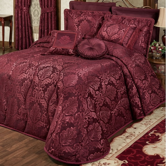 Camelot Matte Satin Damask & Chenille Bedding, Burgundy Wine, 3-pc King Bedspread Set