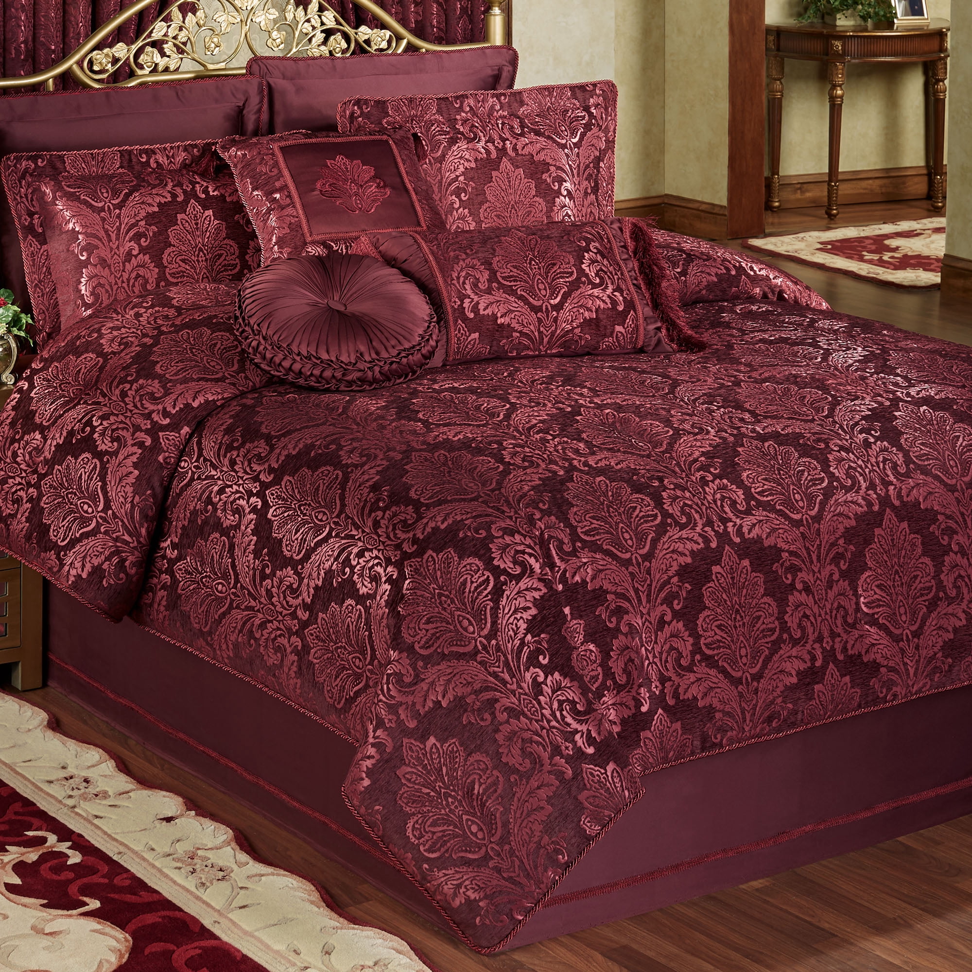 Camelot Matte Satin Damask & Chenille Bedding, Burgundy Wine, 4-pc King ...