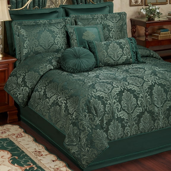 Camelot Matte Satin Damask & Chenille Bedding, Emerald Green, 4-pc Queen Comforter Set