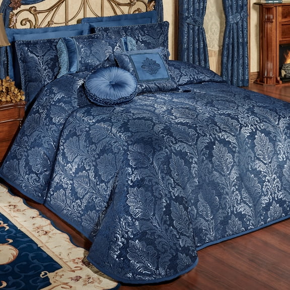 Camelot Matte Satin Damask & Chenille Bedding, Navy Sapphire Blue, 6-pc King Bedspread Set