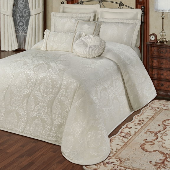 Camelot Matte Satin Damask & Chenille Bedding, Neutral Ivory, 3-pc Queen Bedspread Set