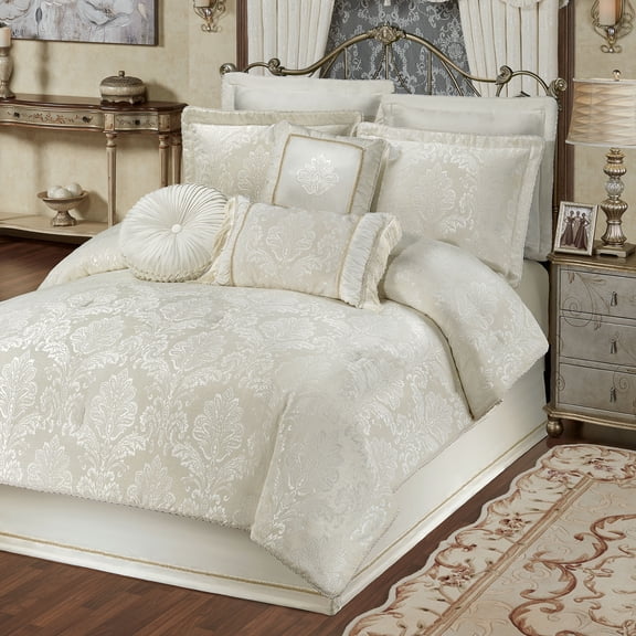Camelot Matte Satin Damask & Chenille Bedding, Neutral Ivory, 4-pc Queen Comforter Set