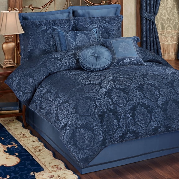 Camelot Satin Damask & Chenille Bedding, Navy Sapphire Blue, 7-pc Queen Comforter Set