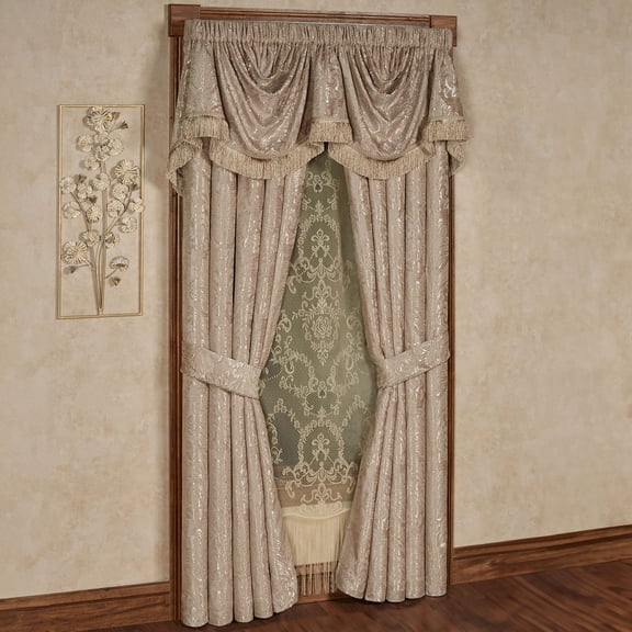 Camelot Satin Damask & Chenille Window Set, Neutral Almond, Empire Valance & 95L Curtains