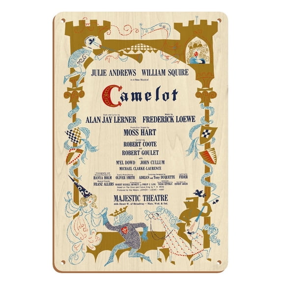 Camelot - Starring Julie Andrews and William Squire - Vintage Broadway Poster by Stubis c.1961 - 8 x 12 inch Vintage Wood Art Sign