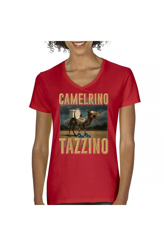 Camelrino Tazzino Women's V-Neck T-shirt Funny Italian Brainrot Gen Z Alpha Meme