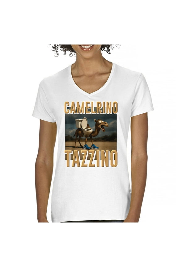 Camelrino Tazzino Women's V-Neck T-shirt Funny Italian Brainrot Gen Z Alpha Meme