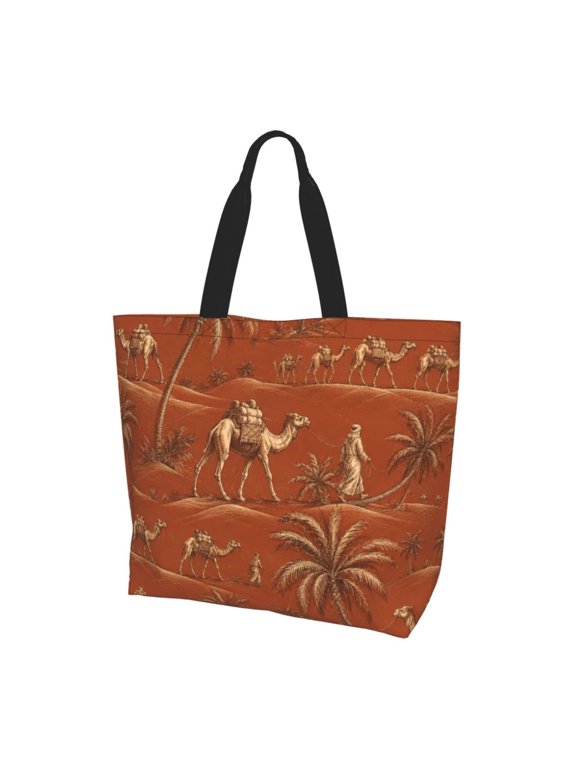 Camels And Desert Palms Women Reusable Bag Large Shoulder Handbag Top Handle Purse Tote