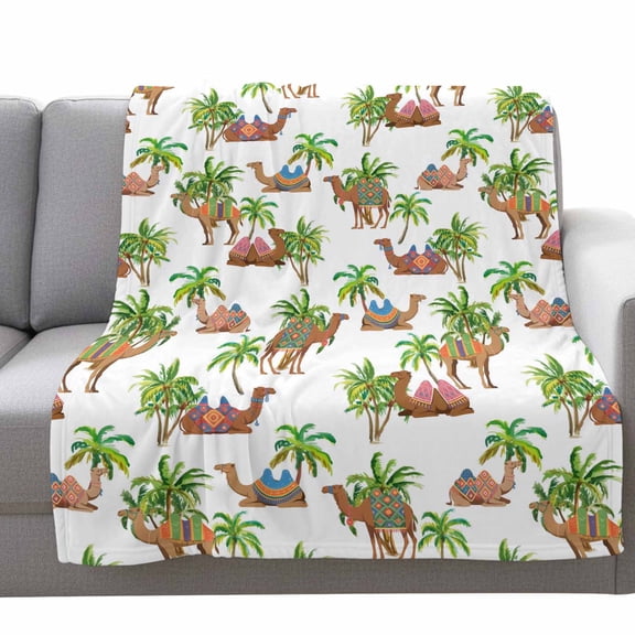 Camels Coconut Palm Fleece Throw Blanket Lightweight Tropical Plants Vintage Deserts Animal Fuzzy Flannel Throws Super Soft Cozy Flannel Blanket for Couch, Sofa, Bed, Travel 50"x60"