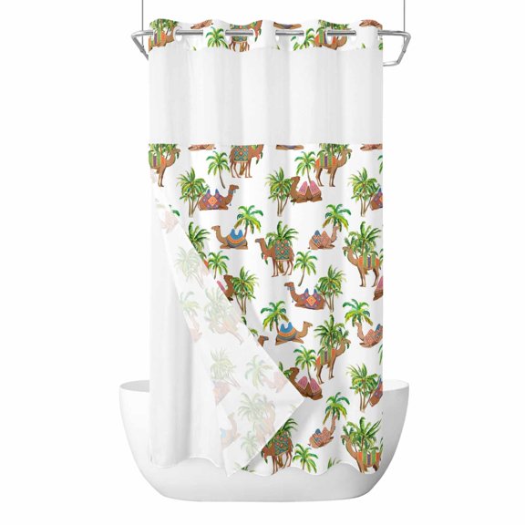 Camels Coconut Palm No Hook Shower Curtain with Snap in Liner Tropical Plants Vintage Deserts Animal Waterproof Bathroom Shower Curtain with See Through Top Window for Bathtub 36" x 72"