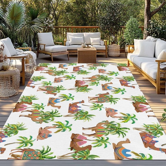 Camels Coconut Palm Indoor Outdoor Rugs 6x9 Ft, Tropical Plants Vintage Deserts Animal Outdoor Patio Rugs Mat Washable Outside Area Rugs Carpet for Porch Deck RV Camping Pool Balcony Backyard
