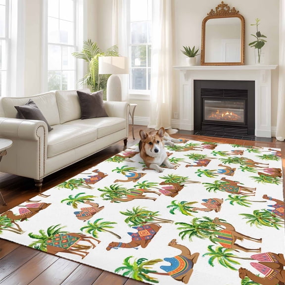 Camels Coconut Palm Large Area Rugs 8x10 ft Tropical Plants Vintage Deserts Animal Washable Rug Non Slip Indoor Carpet Absorbent Floor Mat for Living Room Bedroom Dining Room