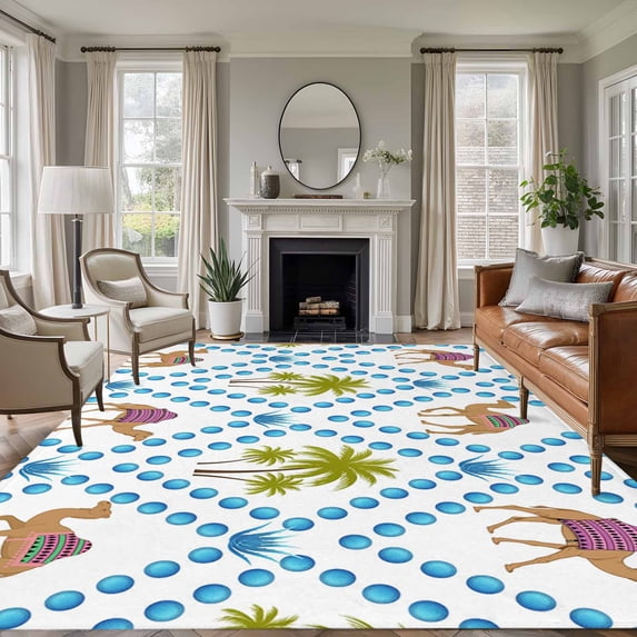 Camels Palm Trees Area Rugs 5'x7', Small Throw Rugs for Laundry Room Playroom, Tropical Desert Animal Plants Polka Dot Indoor Outdoor Rug Non-Slip Low Pile Carpet Runner Reversible Floor Mats
