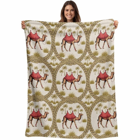 Camels Palm Trees Blanket Soft Cozy Warm Twin Blanket for Bed, Plush Fuzzy Flannel Fleece Blankets for Sofa, Desert Date Coconut Trees Leaves Cords Beige Throw Blankets for Couch Gifts, 60"x80"