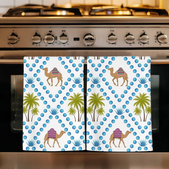 Camels Palm Trees Kitchen Towels Set of 1, Tropical Desert Animal Plants Polka Dot Absorbent Dish Towels for Kitchen, Microfiber Hand Towel, Quick Drying Tea Towel for Cleaning Decorative Dishcloths