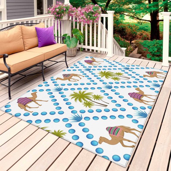 Camels Palm Trees Outdoor Rug 5x7 Ft, Non Slip Washable Area Rug, Tropical Desert Animal Plants Polka Dot Patio Rugs Carpet Runner, Large Floor Mat for Indoor/Outdoor Deck Porch Camping
