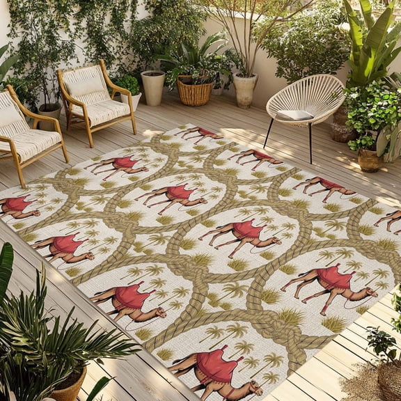 Camels Palm Trees Outdoor Rug 6x9 Ft - Reversible Patio Rug Outdoor Camping Rugs, Desert Date Coconut Trees Leaves Cords Beige Indoor Outdoor Area Rugs, Non-Slip Outdoor Carpet Runner for Deck/Porch