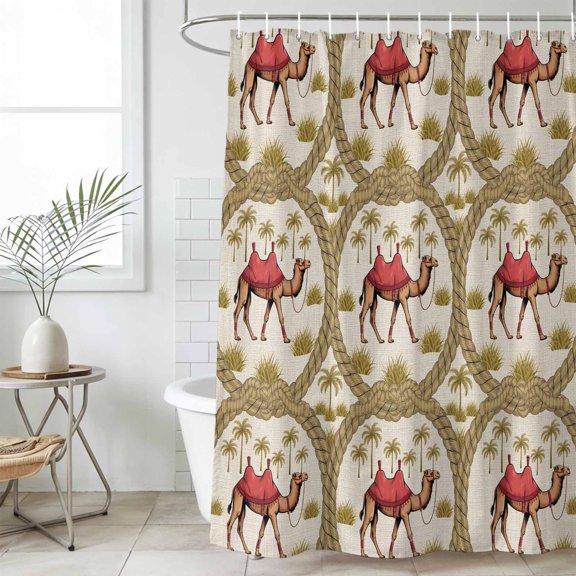 Camels Palm Trees Small Stall Shower Curtain, Waterproof Shower Curtains for Bathroom, Desert Date Coconut Trees Leaves Cords Beige Washable Fabric Bath Curtain for Bathtub with Hooks 36x72 Inches