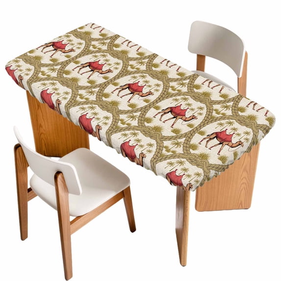 Camels Palm Trees Table Cloths for 3 Foot Rectangle Tables, Desert Date Coconut Trees Leaves Cords Beige Patio Waterproof Elastic Fitted Tablecloths, Washable Rectangular Table Cover for Camping