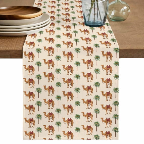 Camels Palm Trees Table Runner, Summer Tropical Plants Animals Washable Cotton Linen Table Runners 48 Inches Long, Dresser Scarf Runner for Nightstand/Coffee/End Tables 13''x48''
